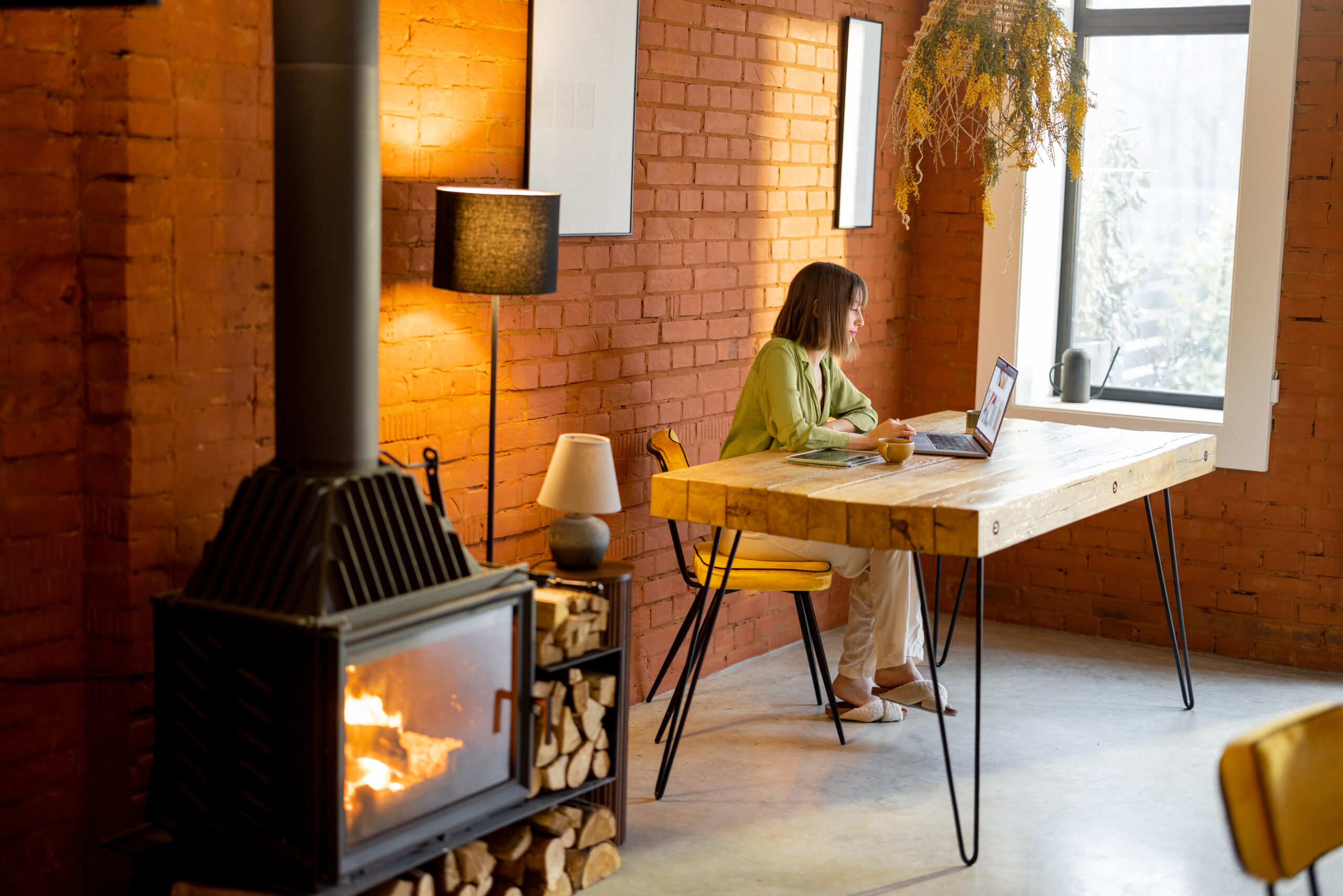 Woman works on laptop in cozy living room with fireplace