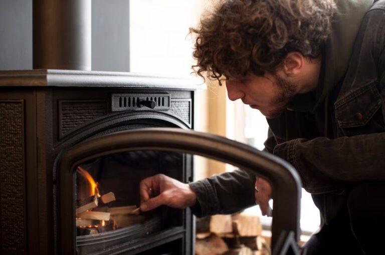 A man is loading firewood into a wood-burning stove