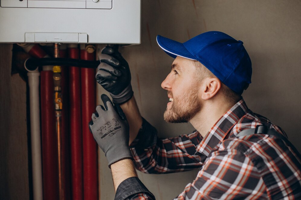 A man in a blue hat and plaid shirt is engaged in fixing a water heater