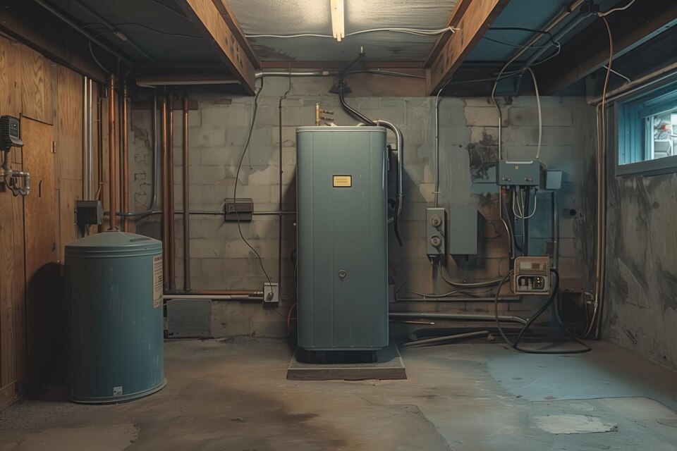 A gas furnace in a basement surrounded by various pipes and ductwork