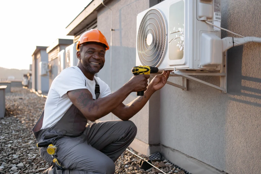 A man wearing a hard hat is engaged in fixing an air conditioner