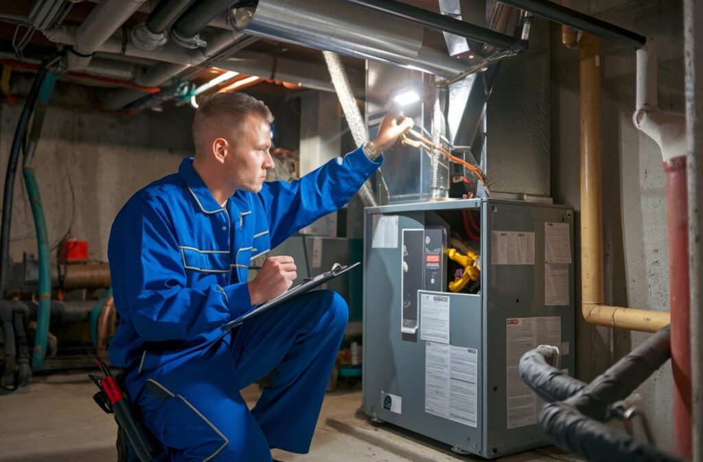 A technician examines a furnace, checking for proper function and safety